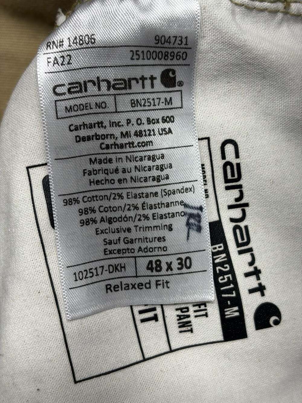 Carhartt Pants Men's 48x30 tan Relaxed Fit Canvas Rugged Utility Work Wear EUC - Picture 8 of 12